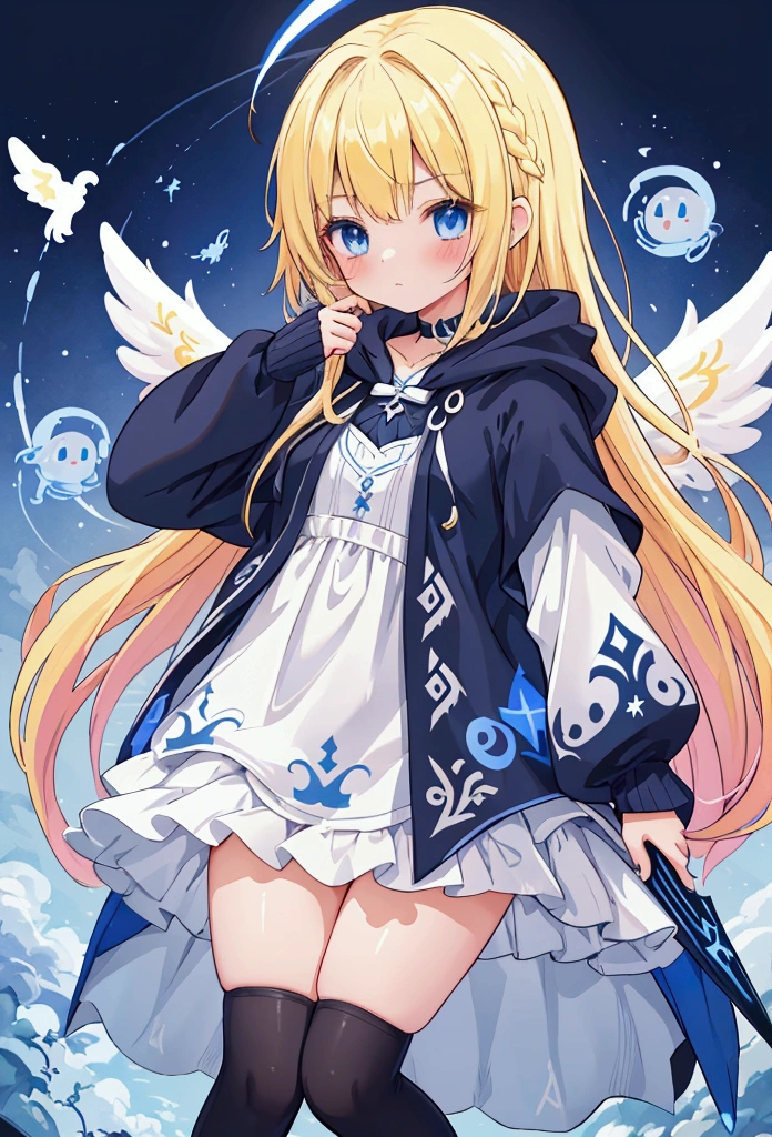 Detailed pixel art、cute、beautiful girl、Anime illustration、He fights with a giant sword attached to his arm.、Attacking an abandoned castle on the ground from the sky、A girl flying with angel wings on her back、Splattered hair、Expressionless、Glowing blue halo、vivid、Rabbit food、Straight Long Hair、Daggers are scattered、Light、Yellow Hair、Lady&#39;s hairstyle、Dark blue eyes、White gaming hoodie、Dark blue dress、White lace cardigan、Black innerwear、Indigo Cloak、Golden embroidery、black tights、boots