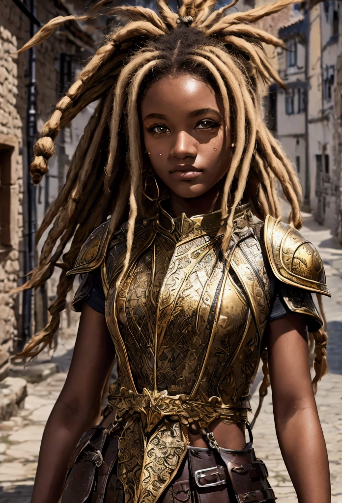 18 year old brown female、Beauty、Blonde、Blonde、Warrior in armor、Completely naked、Dreadlocks、background Medieval port town、High quality p