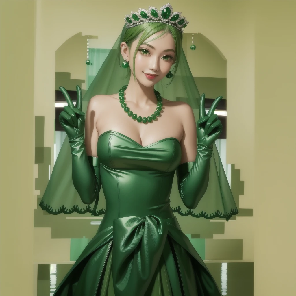 Emerald tiara, Green Pearl Necklace, Boyish very short green hair, Green Lips, Smiling Japanese woman, Very short hair, Busty beautiful lady, Green Eyes, Green satin long gloves, Green Eyes, Emerald Earrings, Green veil, All, Green Hair, Beautiful Japanese Woman, green lip gloss