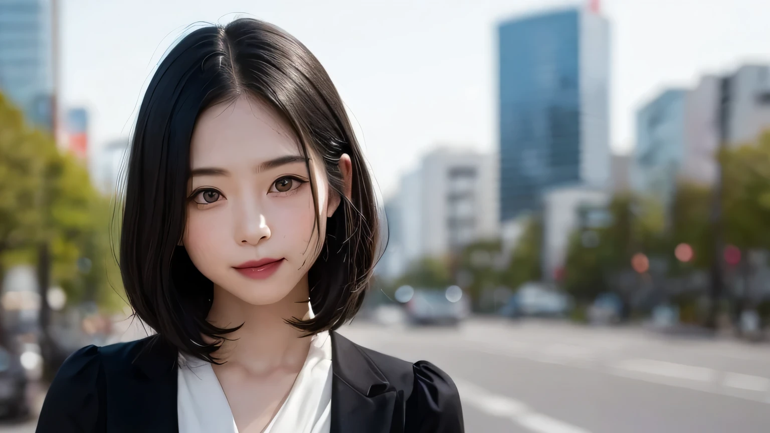 Tabletop, highest quality, shape, Very detailed, finely, High resolution, 8k wallpaper, Perfect dynamic composition, Finely beautiful eyes, Simple monochrome outfit、Hair color is black、short hair,Natural color lip, smile,harajuku、26-year-old woman、cute、Looking at the camera、Cityscape、