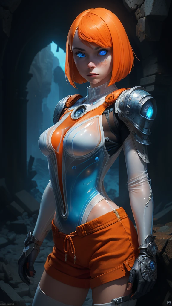 (The best quality,A high resolution,Ultra - detailed,actual),LEELOO with tattoos and orange shorts posing in front of a spaceship, (LEELOO outfit:1.4) , (LEELOO:V2.1) , madison beer as LEELOO, (Ilya Kuvshinov:1.4) . 4 k, cute cyborg girl,( alena aenami and android jones) , (BodySuit white transparent :1.4), alena aenami and artgerm, ultra realistic concept art, Amouranth, beautiful digital artwork,( orange shorts :1.4), epic fantasy art style hd, 4K fantasy art, epic fantasy digital art style, epic fantasy art style, Fantasy Woman, epic fantasy art portrait, Epic fantasy style, hyperrealistic fantasy art, hd fantasy art, epic fantasy character art, epic fantasy art, in style of dark fantasy art, epic fantasy digital art, ,(Ruined dungeon ruins background:1.4 ), (detailed perfect anatomy :V2.1),( cinematic lighting :1.4),( face detailed :1.4),( cowboy pose :1.4), (detailed blue beautiful eyes :1.4),( background tokyo destroy :1.4)