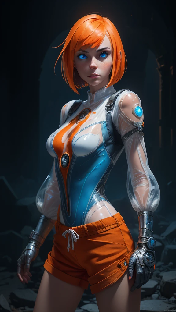 (The best quality,A high resolution,Ultra - detailed,actual),LEELOO with tattoos and orange shorts posing in front of a spaceship, (LEELOO outfit:1.4) , (LEELOO:V2.1) , madison beer as LEELOO, (Ilya Kuvshinov:1.4) . 4 k, cute cyborg girl,( alena aenami and android jones) , (BodySuit white transparent :1.4), alena aenami and artgerm, ultra realistic concept art, Amouranth, beautiful digital artwork,( orange shorts :1.4), epic fantasy art style hd, 4K fantasy art, epic fantasy digital art style, epic fantasy art style, Fantasy Woman, epic fantasy art portrait, Epic fantasy style, hyperrealistic fantasy art, hd fantasy art, epic fantasy character art, epic fantasy art, in style of dark fantasy art, epic fantasy digital art, ,(Ruined dungeon ruins background:1.4 ), (detailed perfect anatomy :V2.1),( cinematic lighting :1.4),( face detailed :1.4),( cowboy pose :1.4), (detailed blue beautiful eyes :1.4),( background tokyo destroy :1.4) 