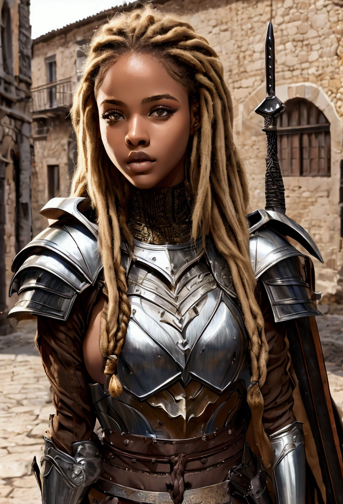 18 year old brown female、Beauty、Blonde、Blonde、Warrior in armor、Completely naked、Dreadlocks、background　Medieval port town、High quality p