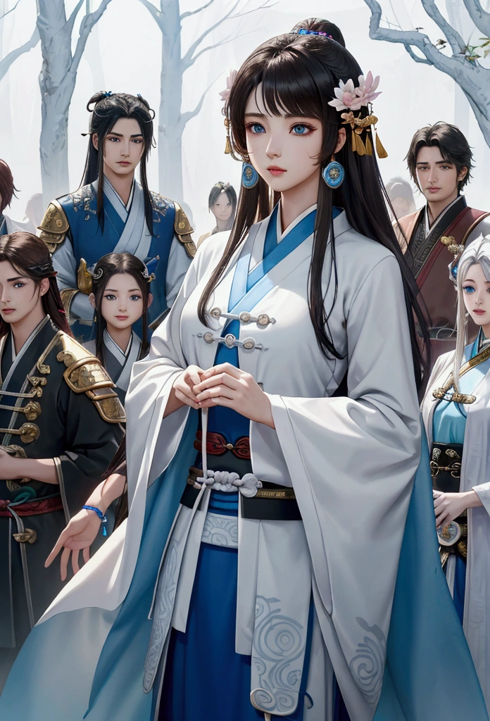 a close up of a group of people (3 girls and 4 boys) standing next to each other, game cg, xianxia fantasy, chinese fantasy, full body wuxia, chinese mmorpg, xianxia hero, korean mmo, wuxia, dynasty warriors, g liulian art style, mmorpg, by Ren Renfa, inspired by Pu Hua, mmorpg fantasy, 4k,8k RAW, High Resolution, Extream detailed, 3 girls and 4 boys, 1 girl silver hair and blue eyes, 1 girl in a brown hair and youngblue cloths, 1 girl in a white hair,