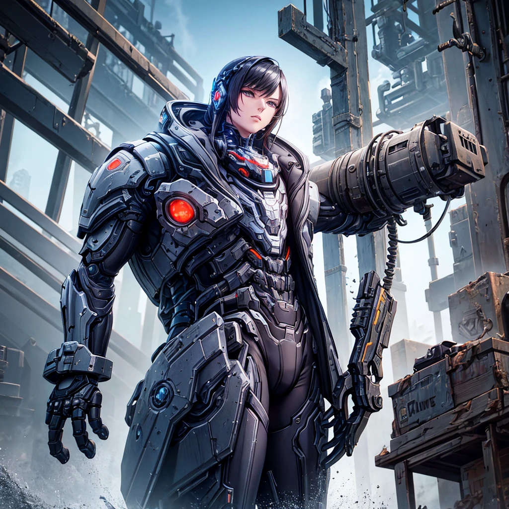 Wear mechanical clothing, Wonders of the machine, cyber punk, Cybernetic Guardian, Futuristic Armor, whole body, Front pose, Symmetric, Complex (Steel Metal [rust]), joint, Warframe style, cyborg, Male body and armor, Chainsaw Man  