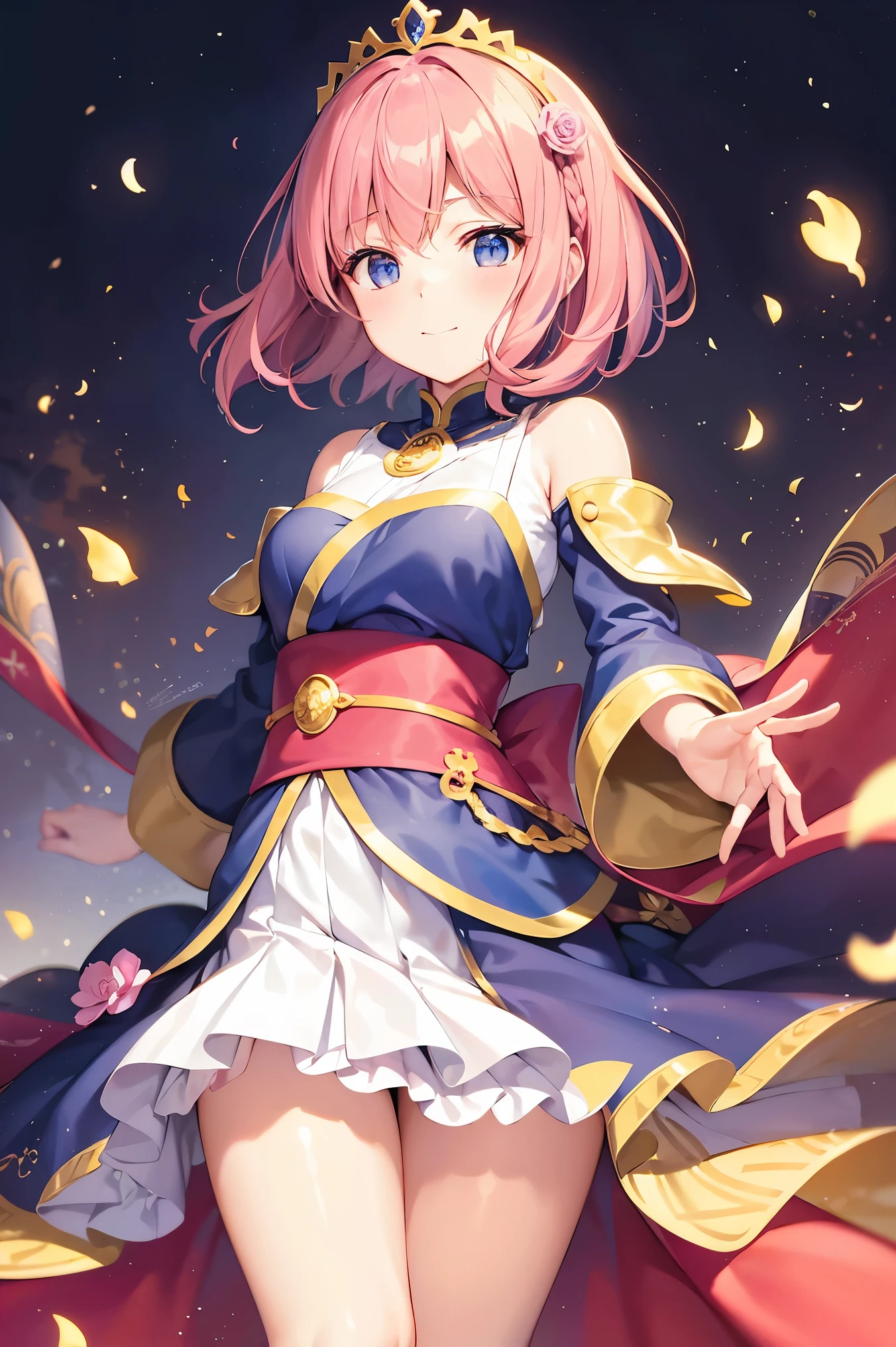 {{{{puyopuyo}}}},{{{princess connect!,nobunaga no yabou, atelier (series)}}},{{{{Celtic}}}},{{galaxy eyes}},hand up,beautiful detailed hands,beautiful detailed fingers,,1girl,skirt,frill,ultra detailed beautiful clothes,Japanese sleeves,wavy hair,bob cut,medium hair,hime cut,side braid,rose hair ornaments,shiny skin,shiny clothes,shiny hair,pink light particles, headdress, {shoulder cutout}, pink beige hair, shoulder strap, small mouth,light smile,shiny Celtic ornaments,pink ribbon,white ribbon,laced clothes,too many ornaments,floating hair,floating sleeves,sunlight,sunbeam,circle,white background
