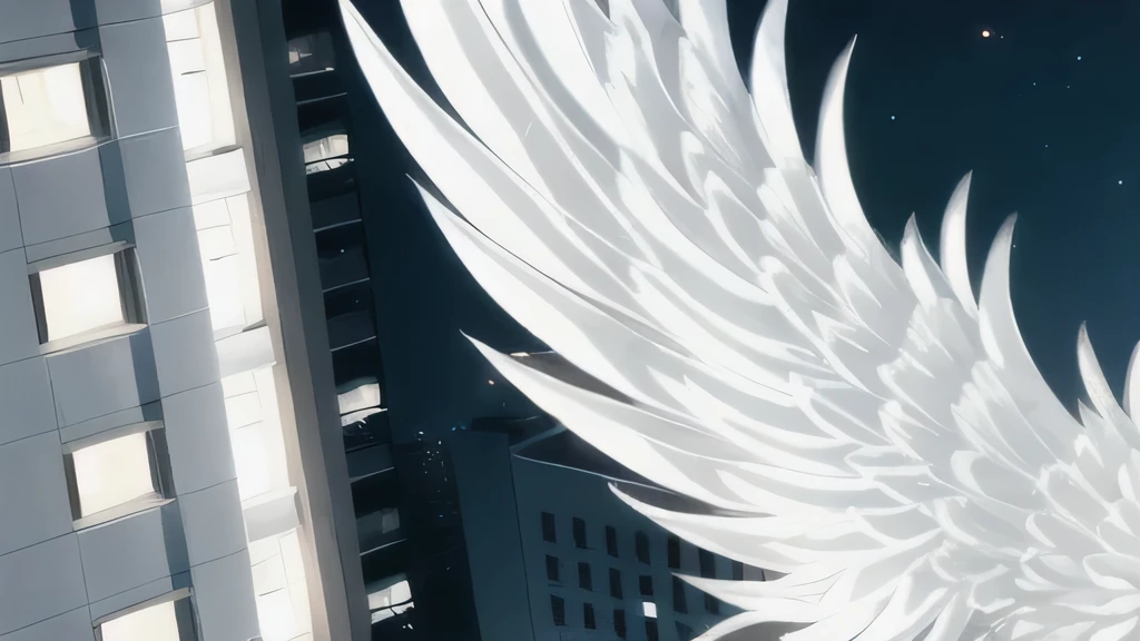 White Wings　Close-up of only one　White feathers flutter　Late Night　High-rise apartment building　Night view