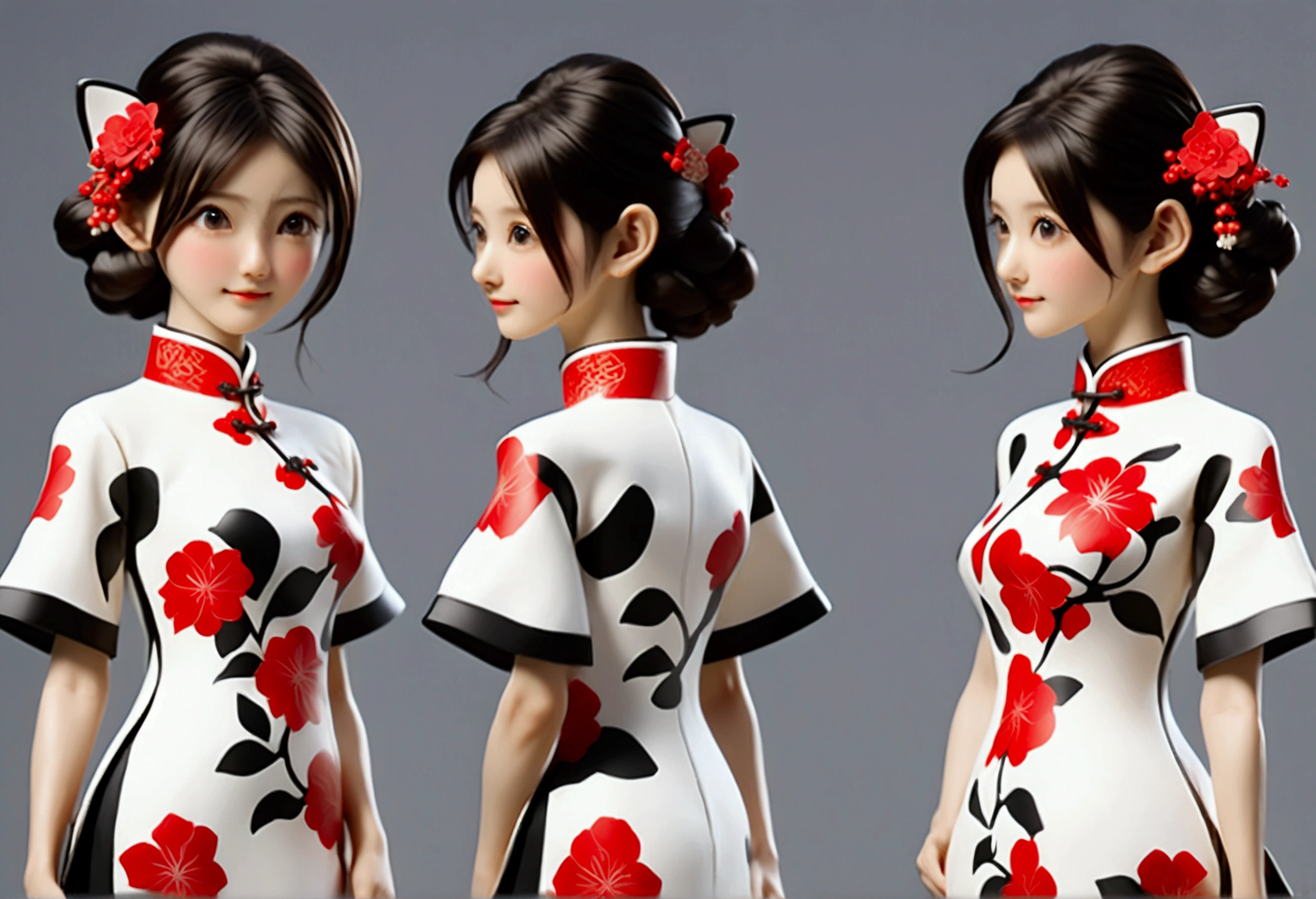 (((Showing the front view of the same 3D character IP figurine design、Side View、Rear view:1.5)))，Young fashionable girl，Wearing a fashionable ink-dyed cheongsam，Ink black and white mixed color Atles silk cheongsam，Uyghur totem cheongsam，Red bougainvillea pattern，Cheongsam style combining ethnicity and fashion，Chinese retro pattern，Cute floral pattern，airplane sleeves，Wide sleeves，Balloon sleeves，Pipa sleeves，Create 3D national trend characters，Delicate bougainvillea pattern，Multi-ethnic cultural integration，Three-dimensional Chinese style，Chinese style 3D character IP figure design，Perfectly proportioned oval face，Film-level ultra-high quality texture，Global Illumination，（Full body styling），((The same 3D character IP figure design with the same clothing and accessories from multiple perspectives，Front view of the same 3D character IP figurine design，同一个3D人物IP手办设计的Side View，同一个3D人物IP手办设计的Rear view))，
