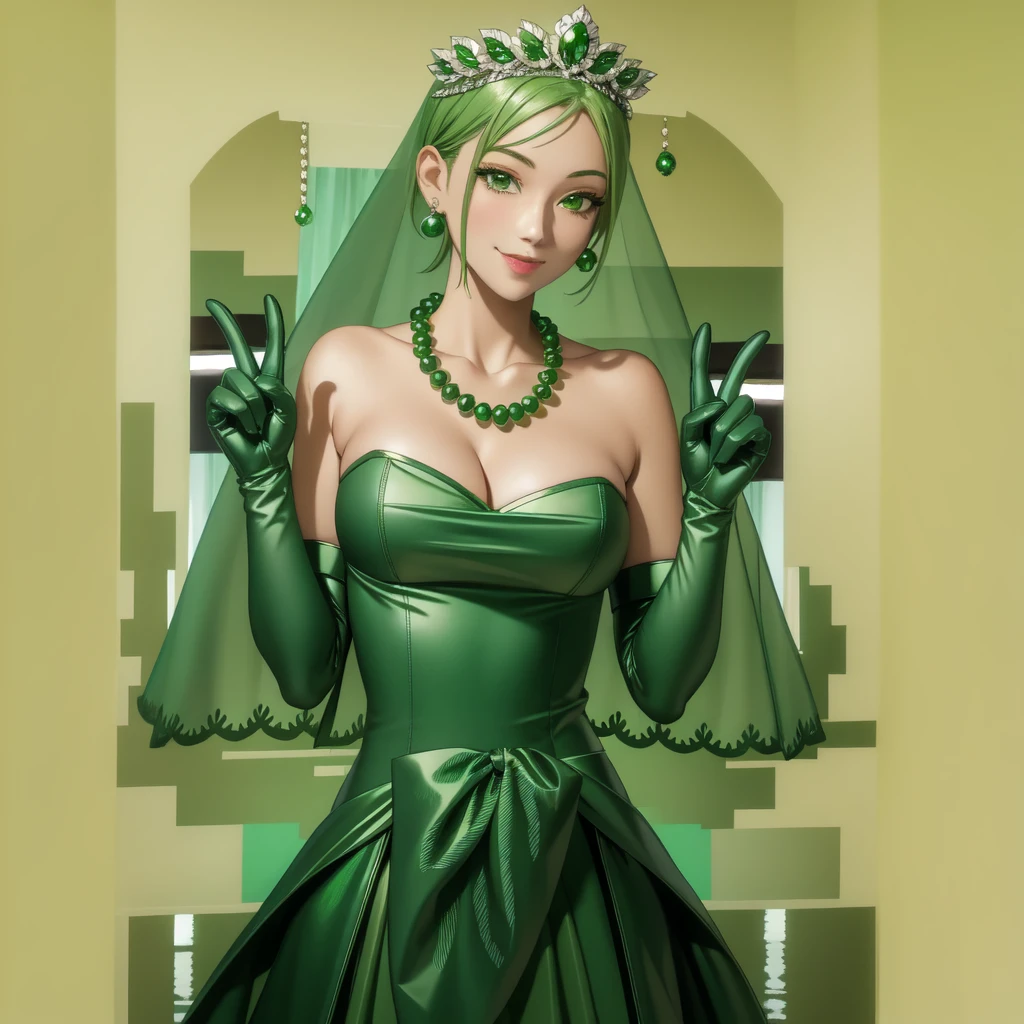 Emerald tiara, Green Pearl Necklace, ボーイッシュな非常に短いGreen Hair, Green Lips, Smiling Japanese woman, Very short hair, Busty beautiful lady, Green Eyes, Green satin long gloves, Green Eyes, Emerald Earrings, Green veil, All, Green Hair, Beautiful Japanese Woman, green lip gloss
