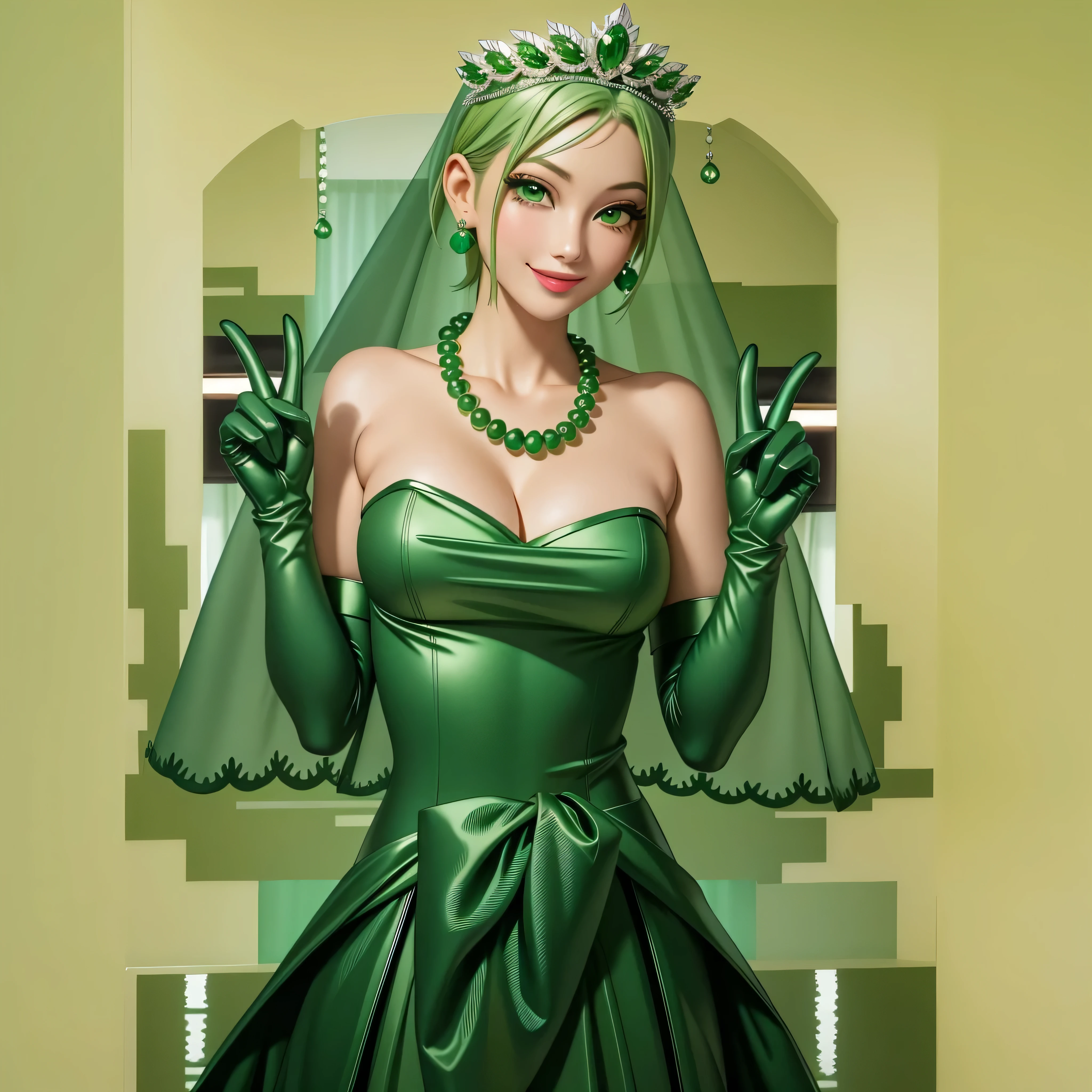 Emerald tiara, Green Pearl Necklace, Boyish very short green hair, Green Lips, Smiling Japanese woman, Very short hair, Busty beautiful lady, Green Eyes, Green satin long gloves, Green Eyes, Emerald Earrings, Green veil, All, Green Hair, Beautiful Japanese Woman, green lip gloss