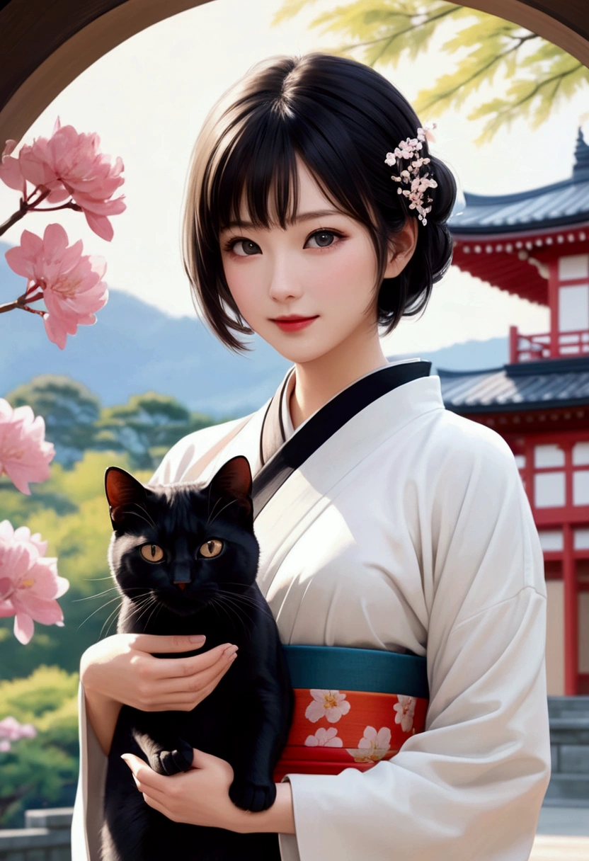 masterpiece, best quality, ((1 woman holding a black shorthair cat)),, illustration, Super detailed, fine details, High resolution, 8K quality wallpaper, Perfect dynamic composition, Beautiful and delicate eyes, kimono, 勻稱的kimono外觀, Smile, looking at camera,Japan Castle Town, Japanese garden, Tea Room,