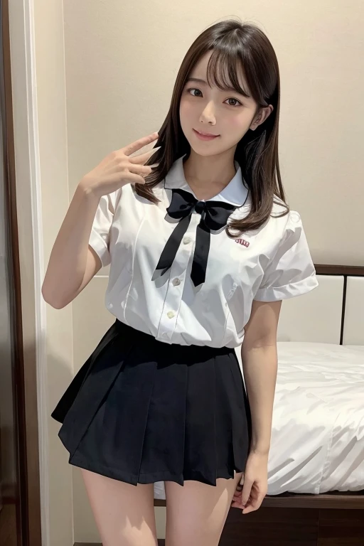 Gravure idol pose　Hotel　bed　uniform　White clothes　high resolution　Not too small bust　Black Mini Skirt　Shorten your skirt. Height 153cm