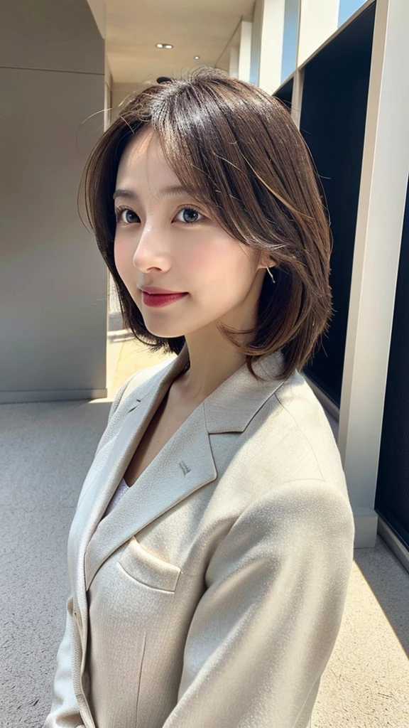 (8k, highest quality, masterpiece: 1.2), Super detailed, highest quality, Ultra-high resolution, Depth of written boundary,(Super detailedな,Caustics),(Photorealistic:1.4,RAW shooting,)Ultra-Realistic Capture,(Very detailed,High definition 16K for human skin,The skin texture is natural,Skin appears even-toned and healthy),(Use natural light and colour,One Woman Wide Lighting,Natural Shading),Japanese,1 woman, Beautiful Eyes, Short, Brown hair, Showing forehead, Mature hairstyle, **White business suit, Facing forward, Upper body facing forward**, Office wear, Office environment, (Natural light:1.4)