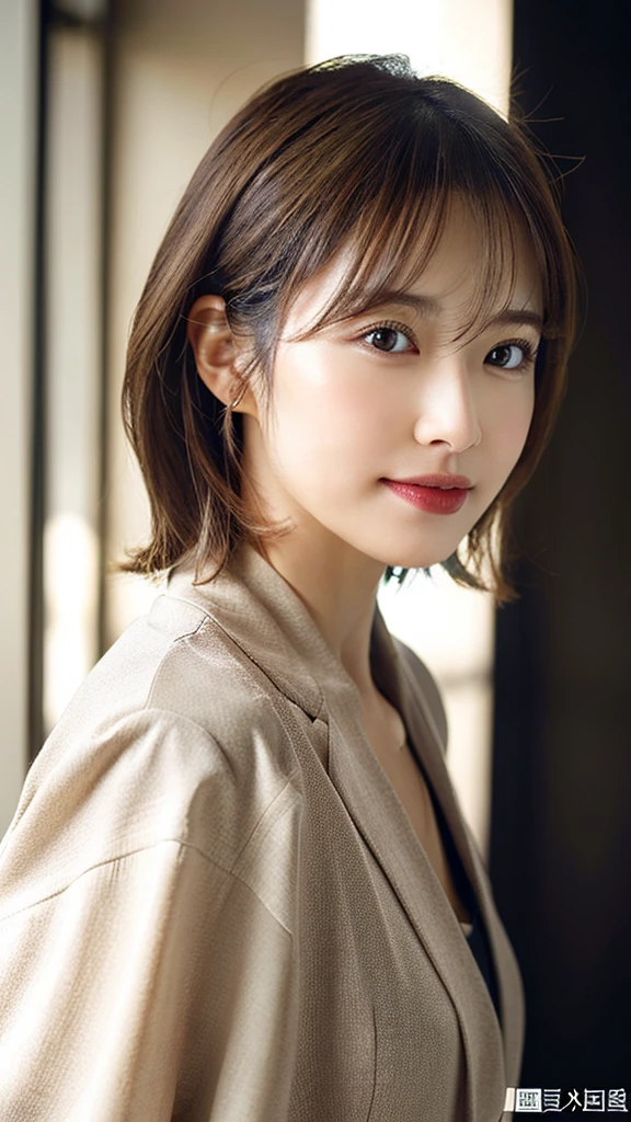 (8k, highest quality, masterpiece: 1.2), Super detailed, highest quality, Ultra-high resolution, Depth of written boundary,(Super detailedな,Caustics),(Photorealistic:1.4,RAW shooting,)Ultra-Realistic Capture,(Very detailed,High definition 16K for human skin,The skin texture is natural,Skin appears even-toned and healthy),(Use natural light and colour,One Woman Wide Lighting,Natural Shading),Japanese,1 woman, Beautiful Eyes, Short, Brown hair, Showing forehead, Mature hairstyle, **White business suit, Facing forward, Upper body facing forward**, Office wear, Office environment, (Natural light:1.4)