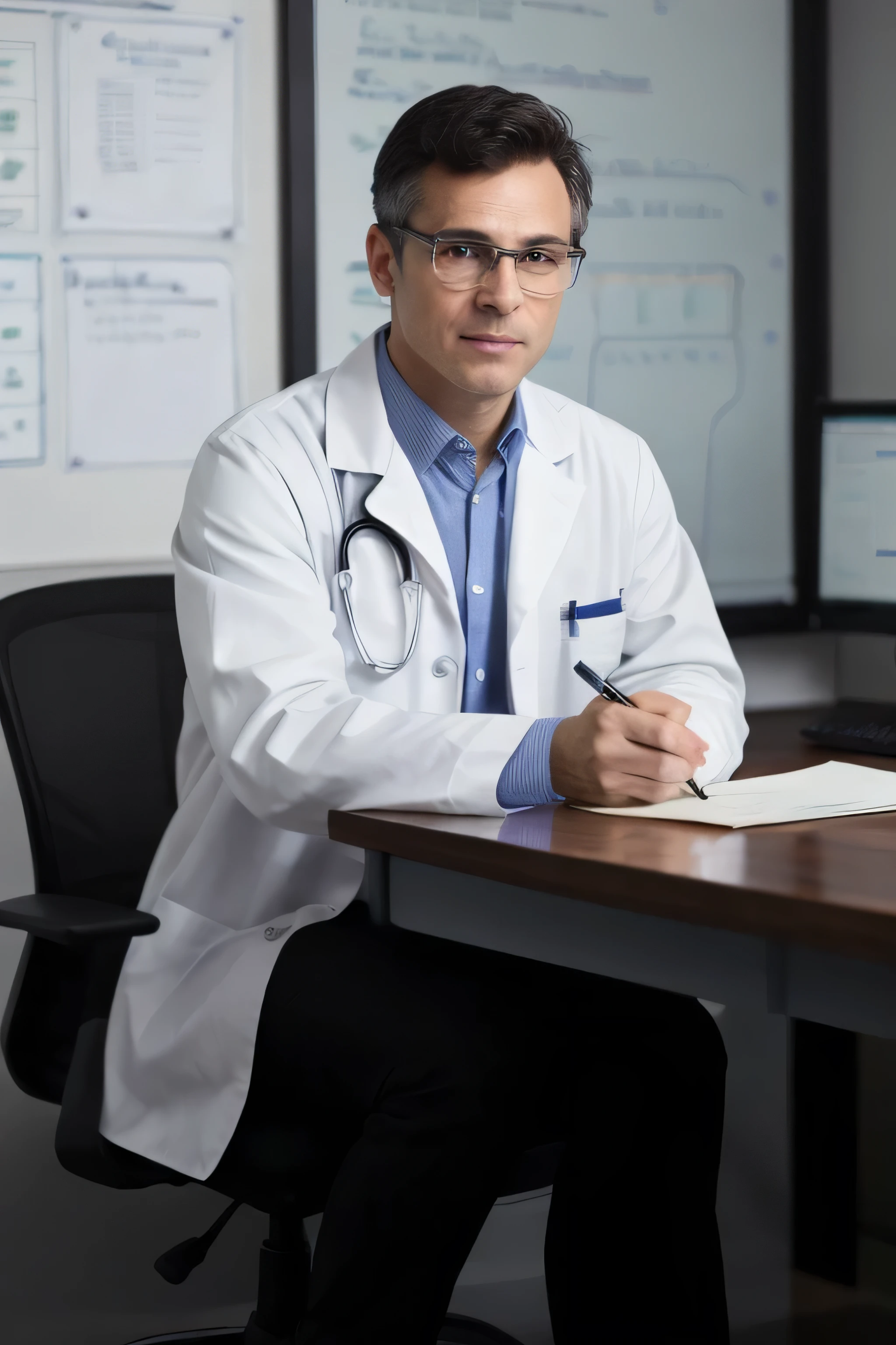 Create an image of a doctor wearing a lab coat with full pants black and hand on his desk, and sitting at a desk with professional equipment on it. The doctor should be looking straight ahead, with his neck at a 0-degree angle in terms of left and right. 