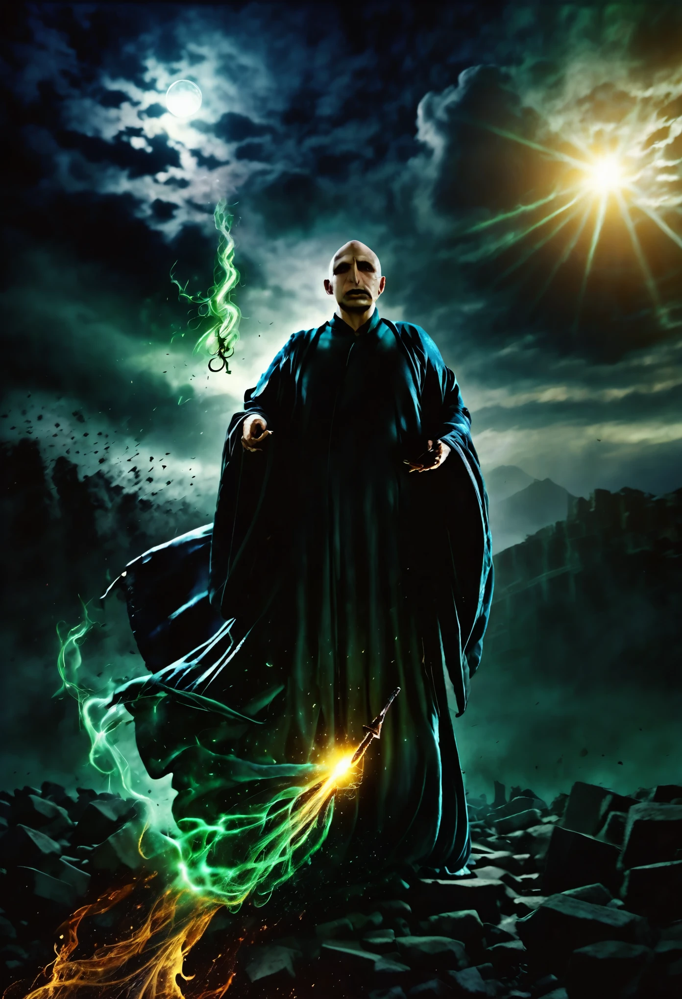 a powerful wizard casting a spell, dark magic, dark fantasy, dramatic lighting, glowing magic effects, sinister atmosphere, ominous clouds, epic fantasy scene, dark and moody, dramatic pose, intense expression, wand raised, powerful magic, dark magic energy, swirling magical energy, dramatic shadows, dramatic composition, photorealistic, (best quality,4k,8k,highres,masterpiece:1.2),ultra-detailed,(realistic,photorealistic,photo-realistic:1.37),dramatic lighting,intricate details,cinematic perspective,compelling storytelling