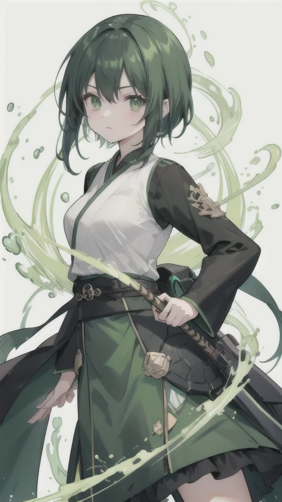 green black hair，dark green eyes，Green Hanfu and black armor，turtle