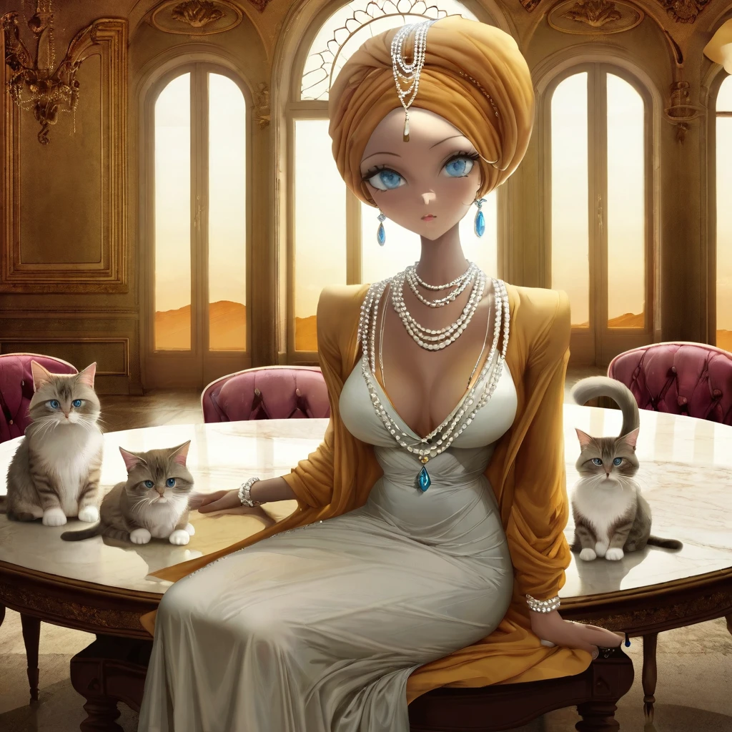 in the style of Andy Kehoe and Tracy Grimwood. Female cat. slender, beautiful, gentle and delicate gaze, very long neck, gray-blue eyes, long eyelashes, light brown dress, wearing a turban on her head with thin necklaces of pearls and semiprecious stones. she is sitting at a dining table, set . background a large oval window showing a landscape of cliffs. warm colors, medium saturation.