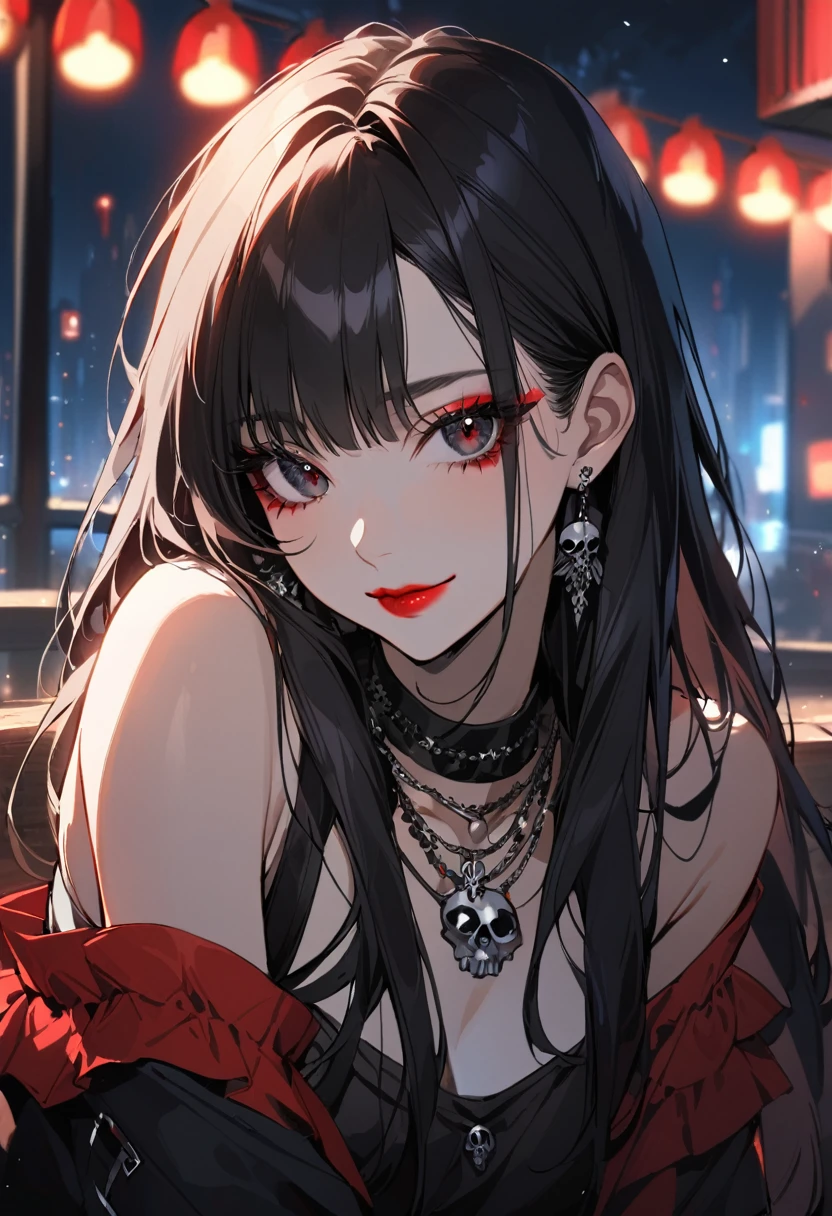 1girl, alone, long hair, looking at viewer, smile, bangs, all black eyes, jewelry, closed mouth, black red hair, earrings, eyelashes, neck necklace, skull necklace, makeup, lipstick, portrait, red lips, blouse white, bare shoulders, ripped pants, black eye, pile of red eye, sitting on the bench, outdoors at night,