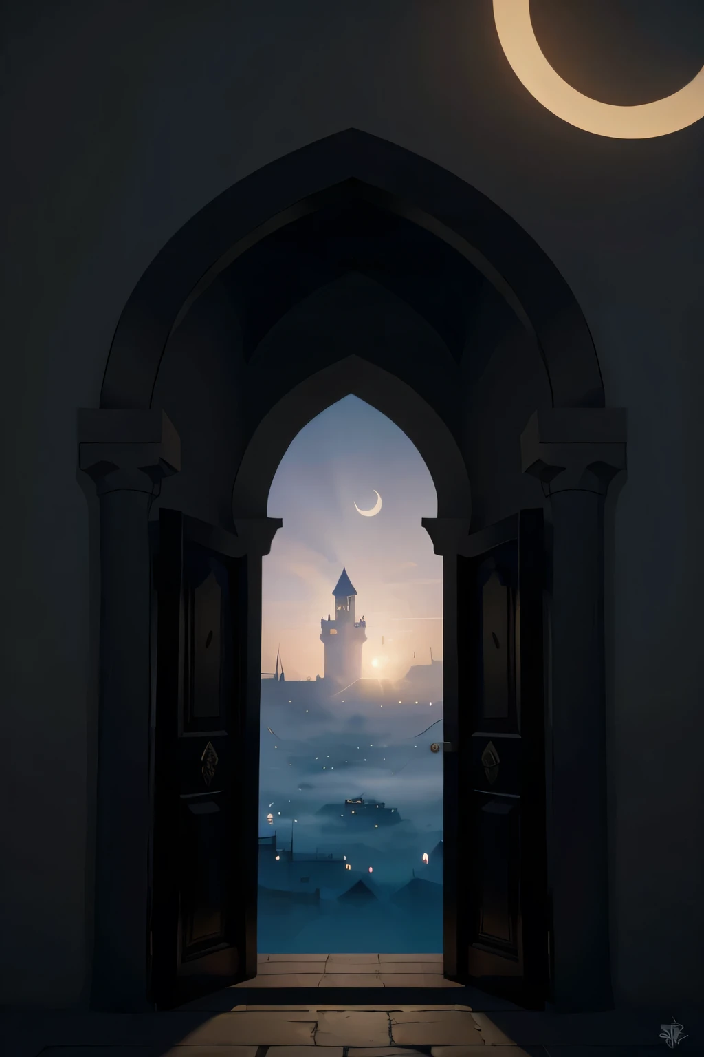 arabian nights style, arabian castle, quarter moon at night, vector style, door wide open, poster vector design, city beneath in fog, fantasy dragon on tower