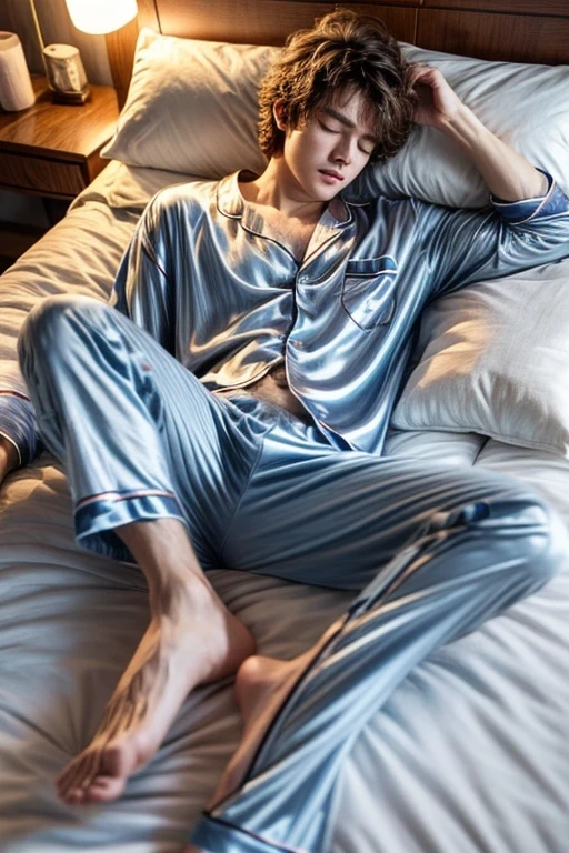 A young man sleeping in bed in pajamas, 16 years old, brown hair, blue pajamas, he is lying flat, he is lying down in bed, he is reclined, cotton pajamas, plush pajamas, loose-fitting pajamas, head lying on pillows, oversized shirt, king size bed, he is wearing long unbuttoned shirt, he is wearing long pants, silk pillows, fluffy pillows, fluffy hair, messy hair, nighttime lighting, perfect hands, cute face, soft face, mouth open snoring, closed eyes, bad sleeping position, bare feet, legs outstretched, soft bed, best quality, slender young man, short young man, minimal muscle, clean shaven, white boy, there is a bulge in his pants