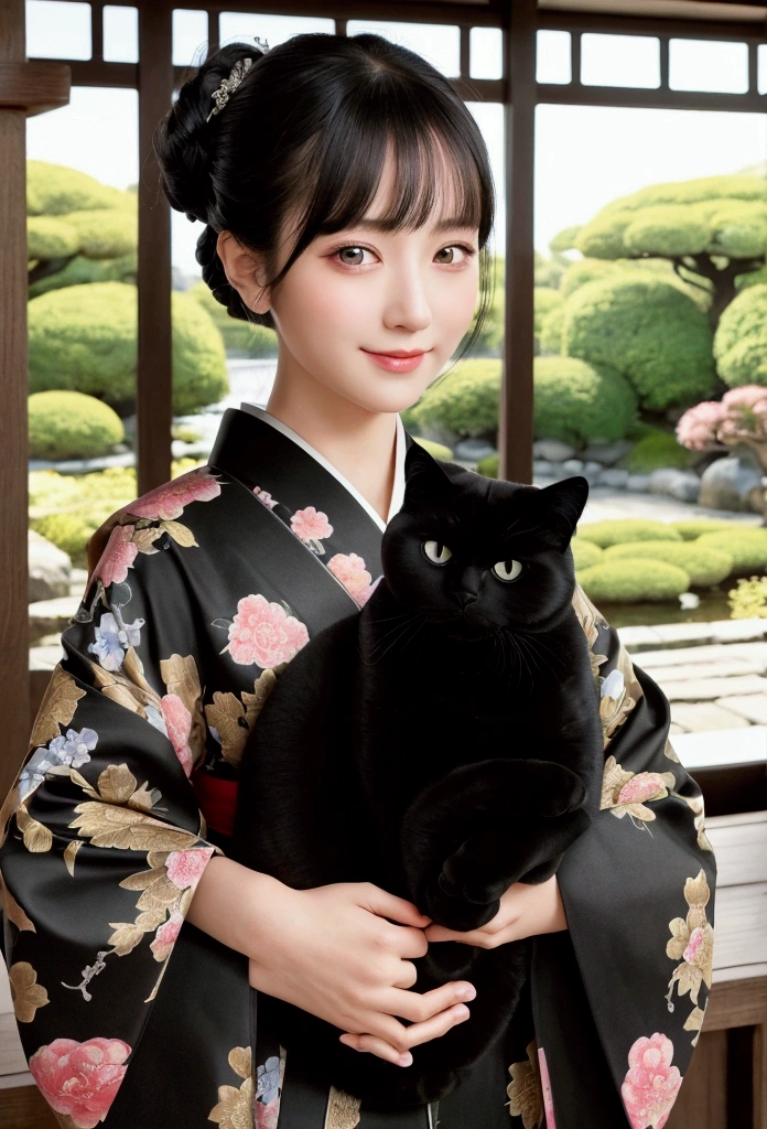 masterpiece, best quality, ((1 woman holding a black shorthair cat)),, illustration, Super detailed, fine details, High resolution, 8K quality wallpaper, Perfect dynamic composition, Beautiful and delicate eyes, kimono, 勻稱的kimono外觀,  Smile, looking at camera,Japan Castle Town, Japanese garden, Tea Room, 