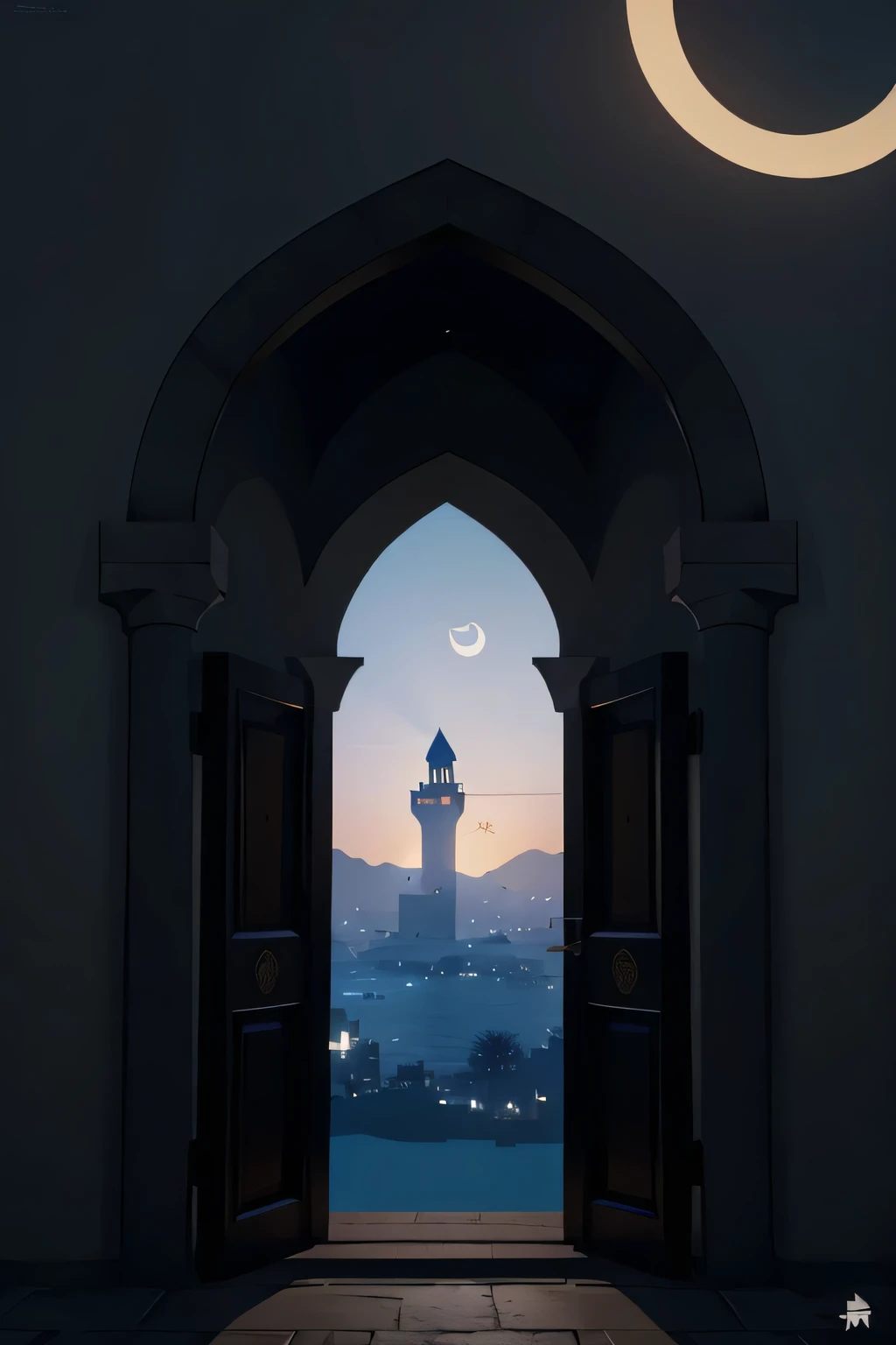 arabian nights style, arabian castle, quarter moon at night, vector style, archway, poster vector design