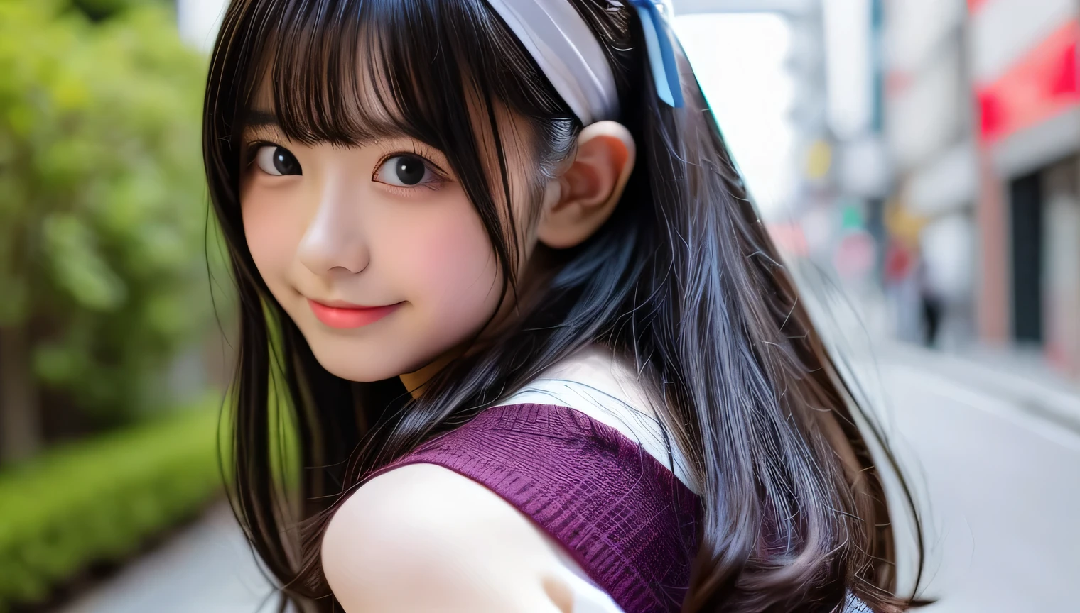  highest quality, shape, Very detailed, finely, High resolution, 8k wallpaper, finelyて美しい目, wearing ,Tie up long hair,Natural color lip, smile,Harajuku、15-year-old girl、cute、Looking at the camera、Black Hair、Background is high school、Place your bangs above your eyebrows、 large ribbon on his head、Realistic、fine、singing