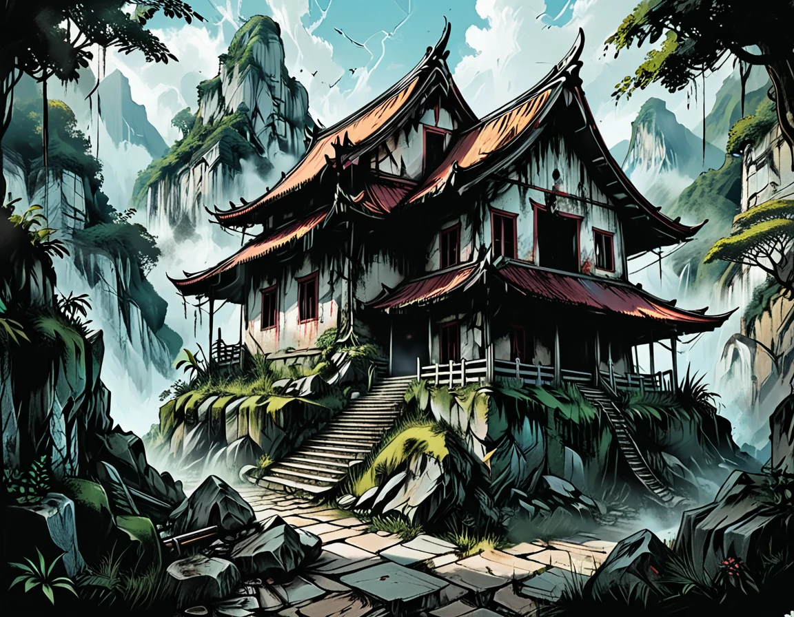 square in front of a Buddhist temple, stone walls, broken statue, dead village,
ruined buddhist temple, temple ruins, graves, rainforest, mountains, cracks, broken walls, dents, graphic style of novel comics, 2d, 8k, hyperrealism, masterpiece, high resolution, best quality, ultra-detailed, super realistic, Hyperrealistic art, high-quality, ultra high res, highest detailed, lot of details, Extremely high-resolution details, incredibly lifelike, colourful, soft cinematic light,