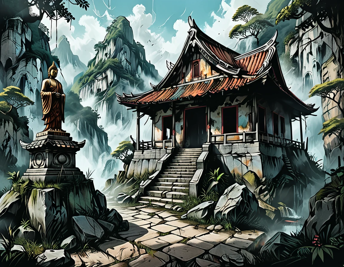 square in front of a Buddhist temple, stone walls, broken statue, dead village,
ruined buddhist temple, temple ruins, graves, rainforest, mountains, cracks, broken walls, dents, graphic style of novel comics, 2d, 8k, hyperrealism, masterpiece, high resolution, best quality, ultra-detailed, super realistic, Hyperrealistic art, high-quality, ultra high res, highest detailed, lot of details, Extremely high-resolution details, incredibly lifelike, colourful, soft cinematic light,