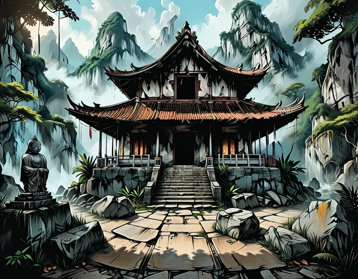 square in front of a Buddhist temple, stone walls, broken statue, dead village,
ruined buddhist temple, temple ruins, graves, rainforest, mountains, cracks, broken walls, dents, graphic style of novel comics, 2d, 8k, hyperrealism, masterpiece, high resolution, best quality, ultra-detailed, super realistic, Hyperrealistic art, high-quality, ultra high res, highest detailed, lot of details, Extremely high-resolution details, incredibly lifelike, colourful, soft cinematic light,