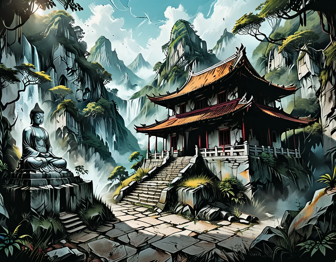 square in front of a Buddhist temple, stone walls, broken statue,  dead village,
ruined buddhist temple, temple ruins, graves, rainforest, mountains, cracks, broken walls, dents, graphic style of novel comics, 2d, 8k, hyperrealism, masterpiece, high resolution, best quality, ultra-detailed, super realistic, Hyperrealistic art, high-quality, ultra high res, highest detailed, lot of details, Extremely high-resolution details, incredibly lifelike, colourful, soft cinematic light,