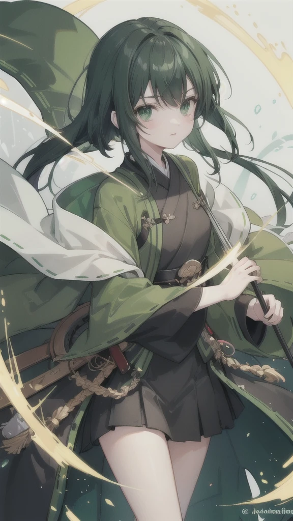 green black hair，dark green eyes，Green Hanfu and black armor，turtle