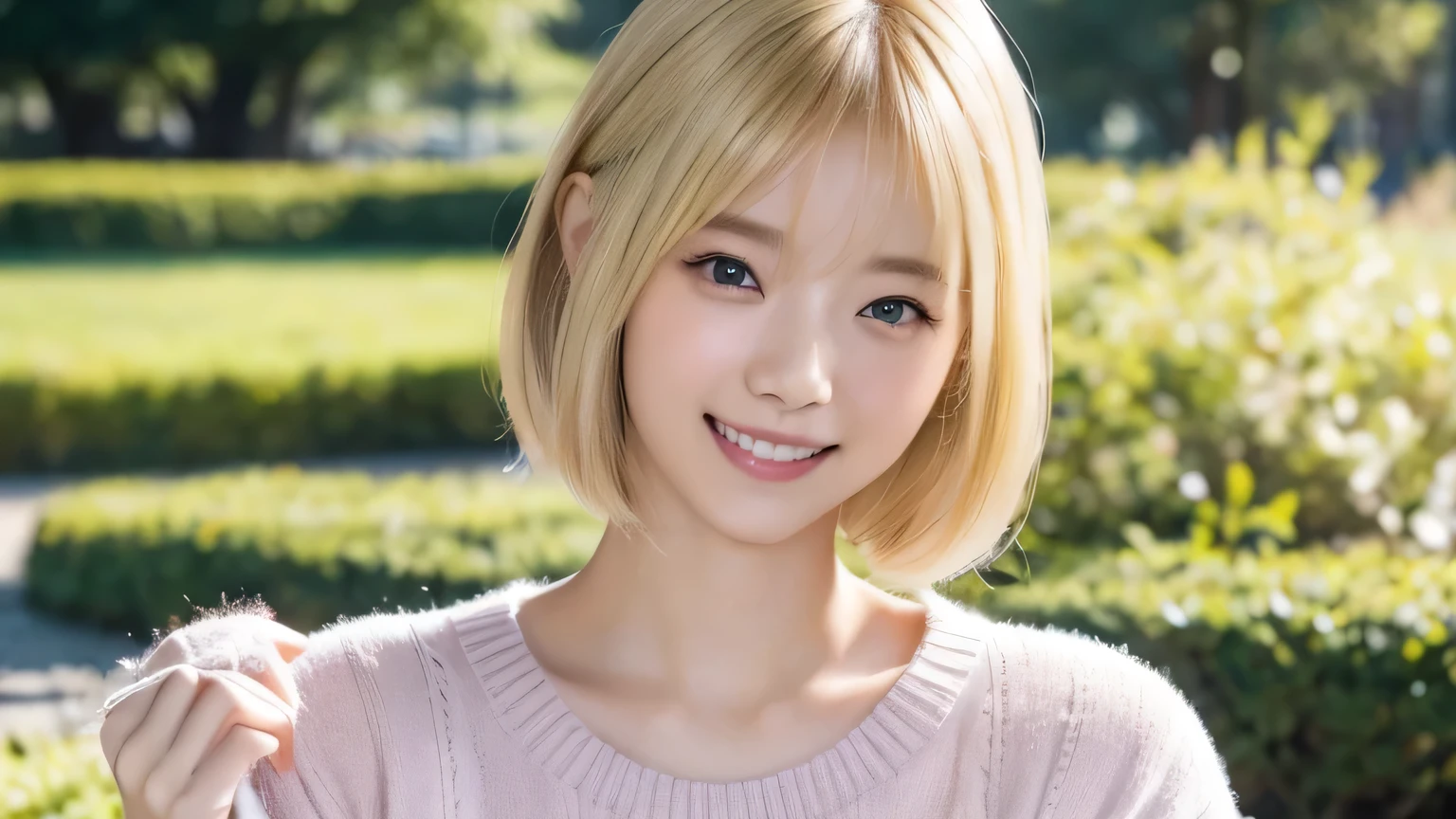 One woman、((Smile 1.6)) 、With Bangid Chest 1.6))、Looking at the camera(Tabletop:1.3), High resolution, Ultra-detailed, Highly detailed 8k wallpaper, Realistic, Photorealistic, RAW Photos, Beautifully detailed face, Pale skin, Detailed cloth texture, Detailed hair texture, Beautiful Face, Acura, Anatomically correct, Highly detailed face and skin texture, Natural neck length, (Fair skin:1.2), Blonde short cut、Japanese women, 22 years old、Detailed eyes、Cute realistic pictures((Smile 1.6⦆、The background is a blurred park、Knitwear in pastel colors