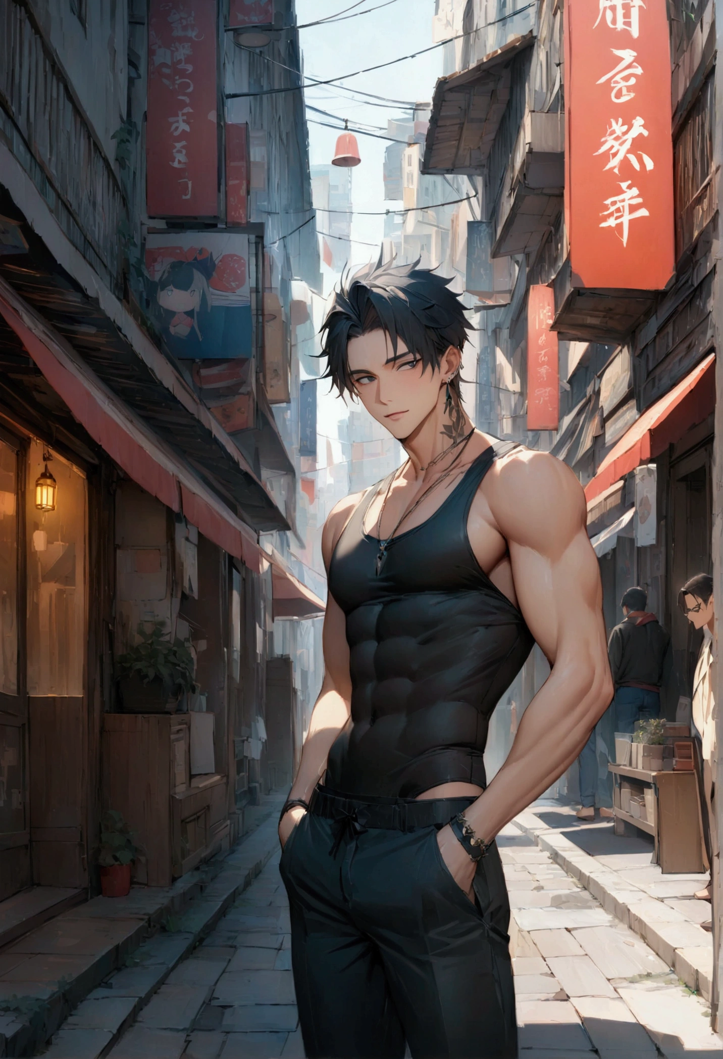 (masterpiece:1.3),(最high quality:1.4),(Very detailedな:1.5),High resolution,Very detailed,8k,artwork,High level of detail,rendering,high quality,Wide range of colors,（Anime Men）Slim figure、Black Hair、Cool guy、good looking、魅力的なAnime Men, Seductive anime youth,Slippery、black eye、quiet、Inconspicuous、Black loose tank top、club、city、（On the neck）tattoo、Earrings、Hair length is normal、Provocative、Laugh fearlessly。