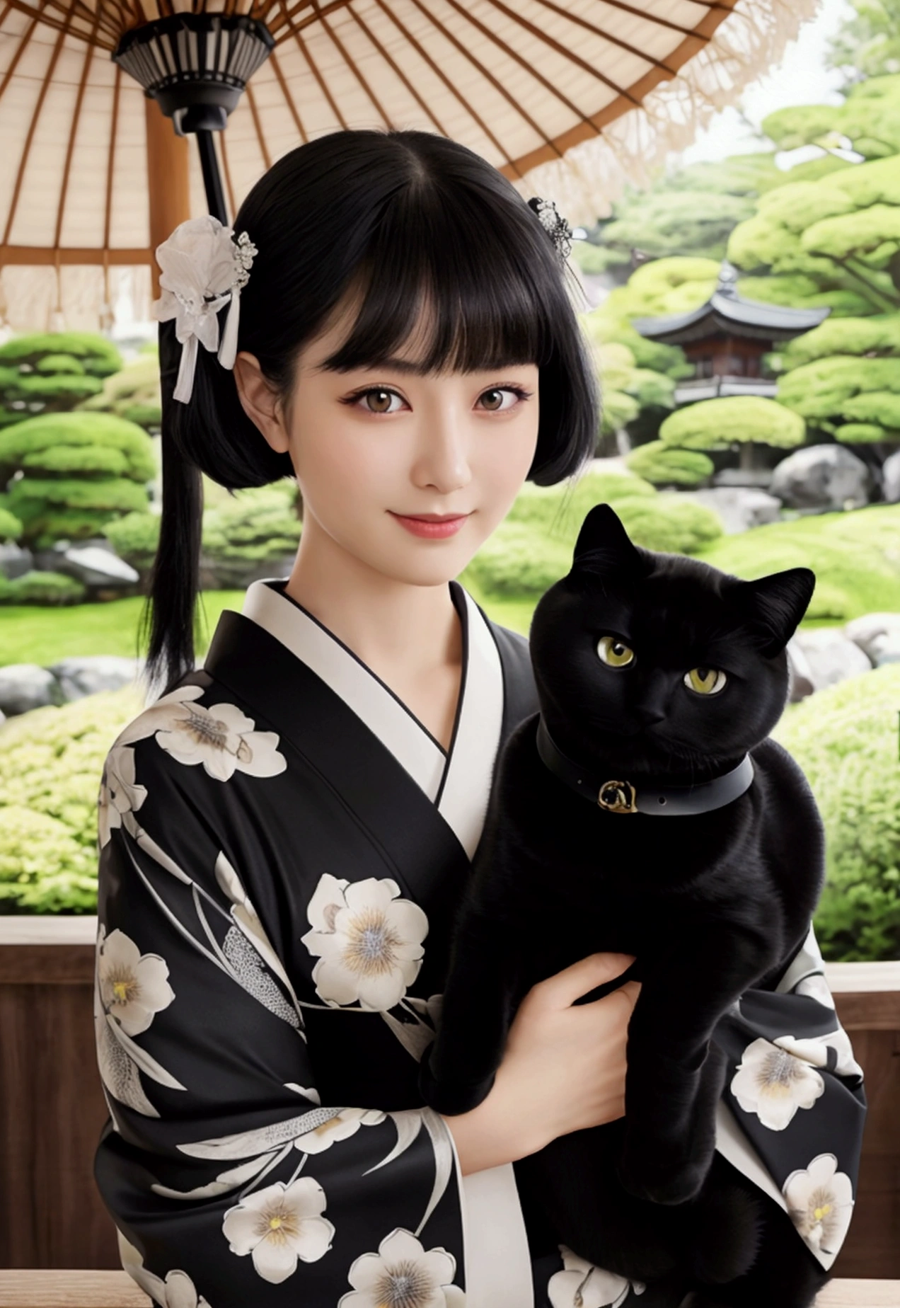 masterpiece, best quality, ((1 woman holding a black shorthair cat)),, illustration, Super detailed, fine details, High resolution, 8K quality wallpaper, Perfect dynamic composition, Beautiful and delicate eyes, kimono, 勻稱的kimono外觀, Smile, looking at camera,Japan Castle Town, Japanese garden, Tea Room,