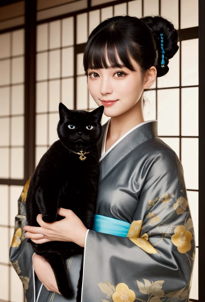 masterpiece, best quality, ((1 woman holding a black shorthair cat)),, illustration, Super detailed, fine details, High resolution, 8K quality wallpaper, Perfect dynamic composition, Beautiful and delicate eyes, kimono, 勻稱的kimono外觀,  Smile, looking at camera,Japan Castle Town, Japanese garden, Tea Room, 