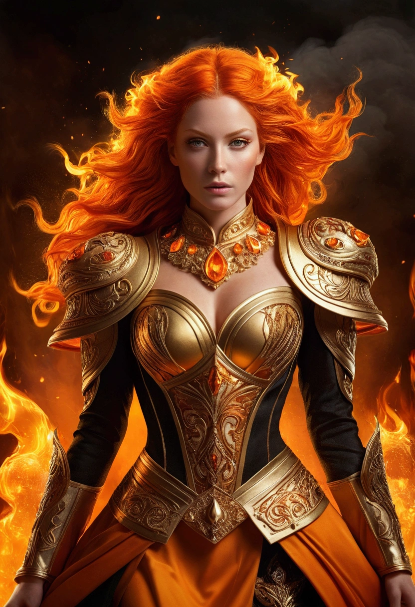 "Transport yourself into a world of fantasy with this visually striking digital artwork, showcasing a powerful female figure with fiery orange locks and a regal golden outfit, set against a backdrop of flames."