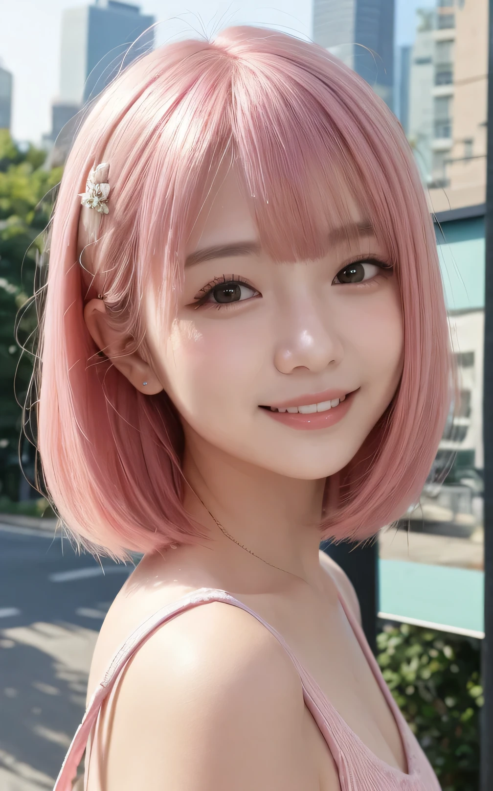 highest quality, shape, Very detailed, finely, High resolution, 8k wallpaper, Perfect dynamic composition, Finely beautiful eyes, Wearing a pale pink knit,Medium Hair,Natural color lip, smile,harajuku、Girls in their 20s、cute、Looking into the camera、Pink Hair、The background is a cityscape、Taiwanese woman、fine