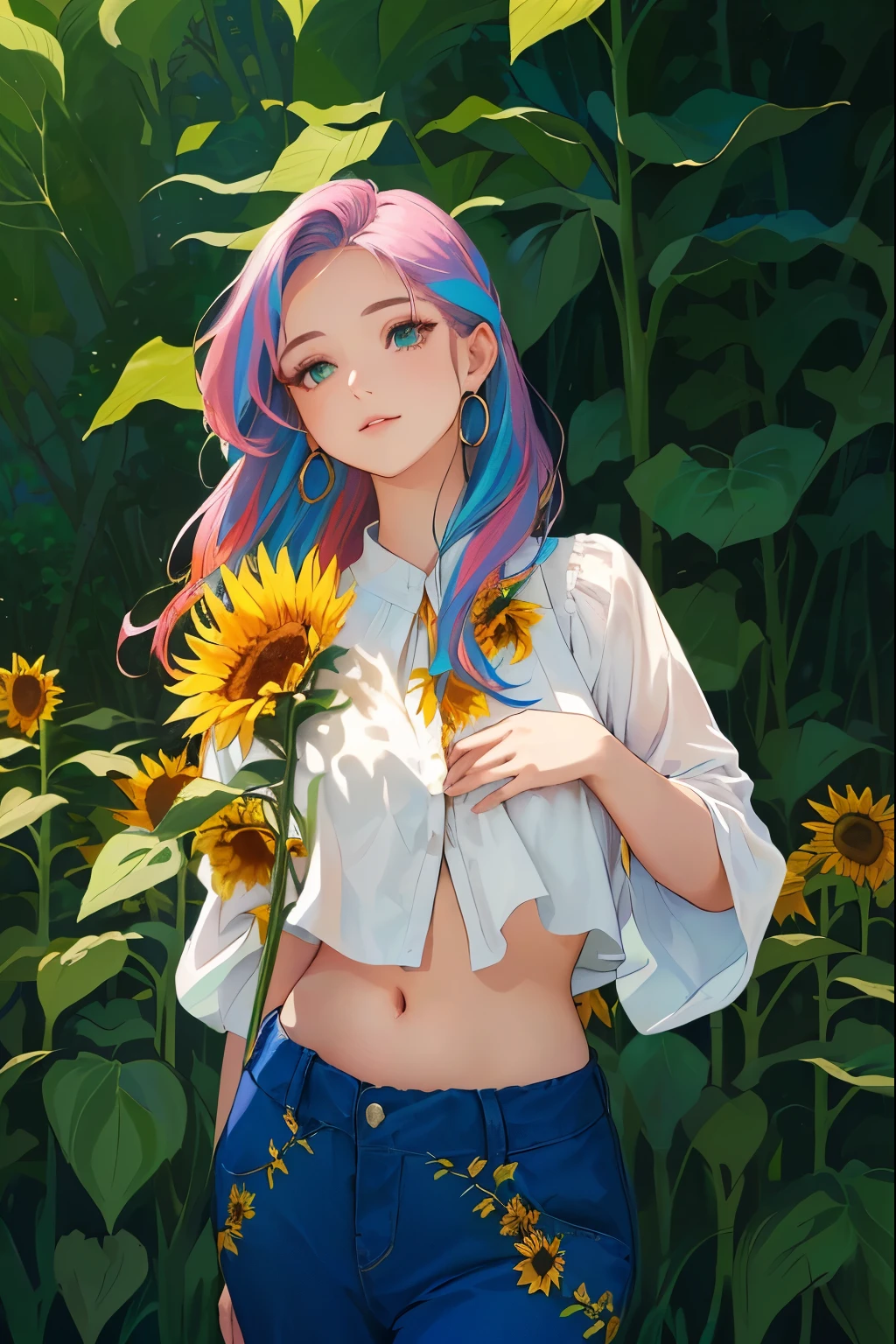 Girl in nature, portrait of a girl, in blue pants, in a white short blouse with wide sleeves, a white shirt with an open bottom, in a blouse with an open belly, sunflower prints on the sleeves, standing in nature, summer weather, green background of tree leaves, girl holding sunflower in hands, looking to the side, waist-length portrait, hair falling on the chest, Malvina hairstyle", open forehead hair, multi-colored long earrings in the ears, rich rich picture, anime style, illustration, head looking slightly upward to the side, model pose, standing in tall grass, overhead lighting from the side, solar
