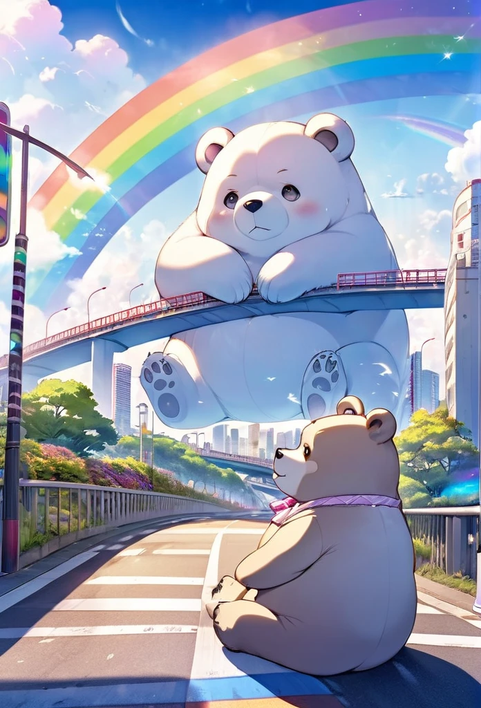 Plump giant bear hybrid, They are causing a lot of trouble by sitting on the road under Rainbow Bridge in Odaiba., Big bridge background, Small model, The bear is bigger than the city, Fantasy art, 2.5D, delicate and dynamic, Cute rough pastel effect
