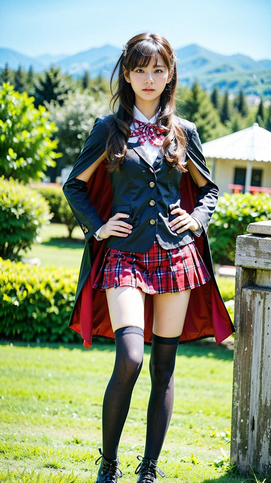 (8k、RAW Photos、Highest quality、masterpiece:1.2)、(Realistic、Realistic)、1 girl、((Black Check Mini Skirt、Red dress、Frills、Cape、Medium Hair、Pretty Cure Costume、See through、tights、ribbon、boots、Accentuate your breasts、whole body、garden、View from the front、Looking into the camera、Stand with hands on hips))、