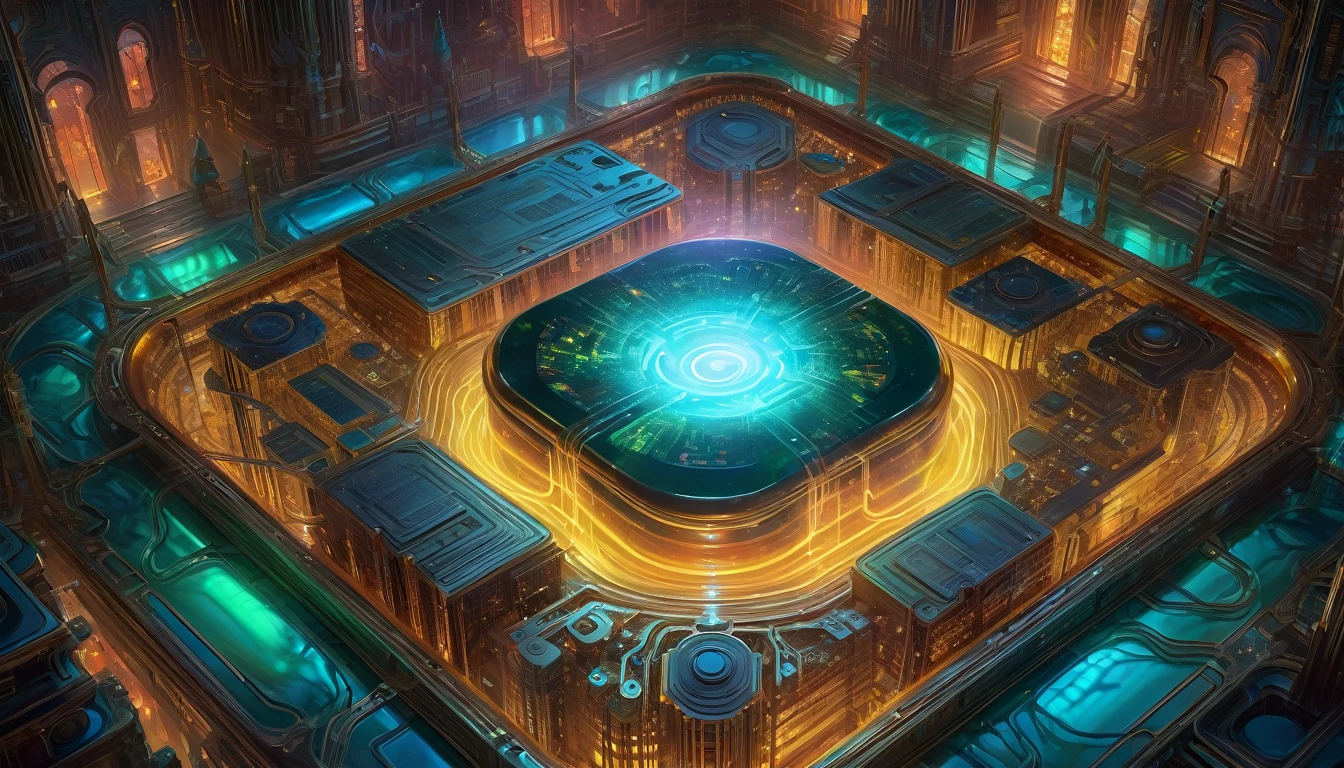 Full of magical and viscous color flowing energy floating in a unique glowing glass shape, seen trough a large circuit board, ornate background, a digital painting by Greg Rutkowski and James Gurney, trending on Artstation, foreboding and scary and exciting atmosphere, stylized
