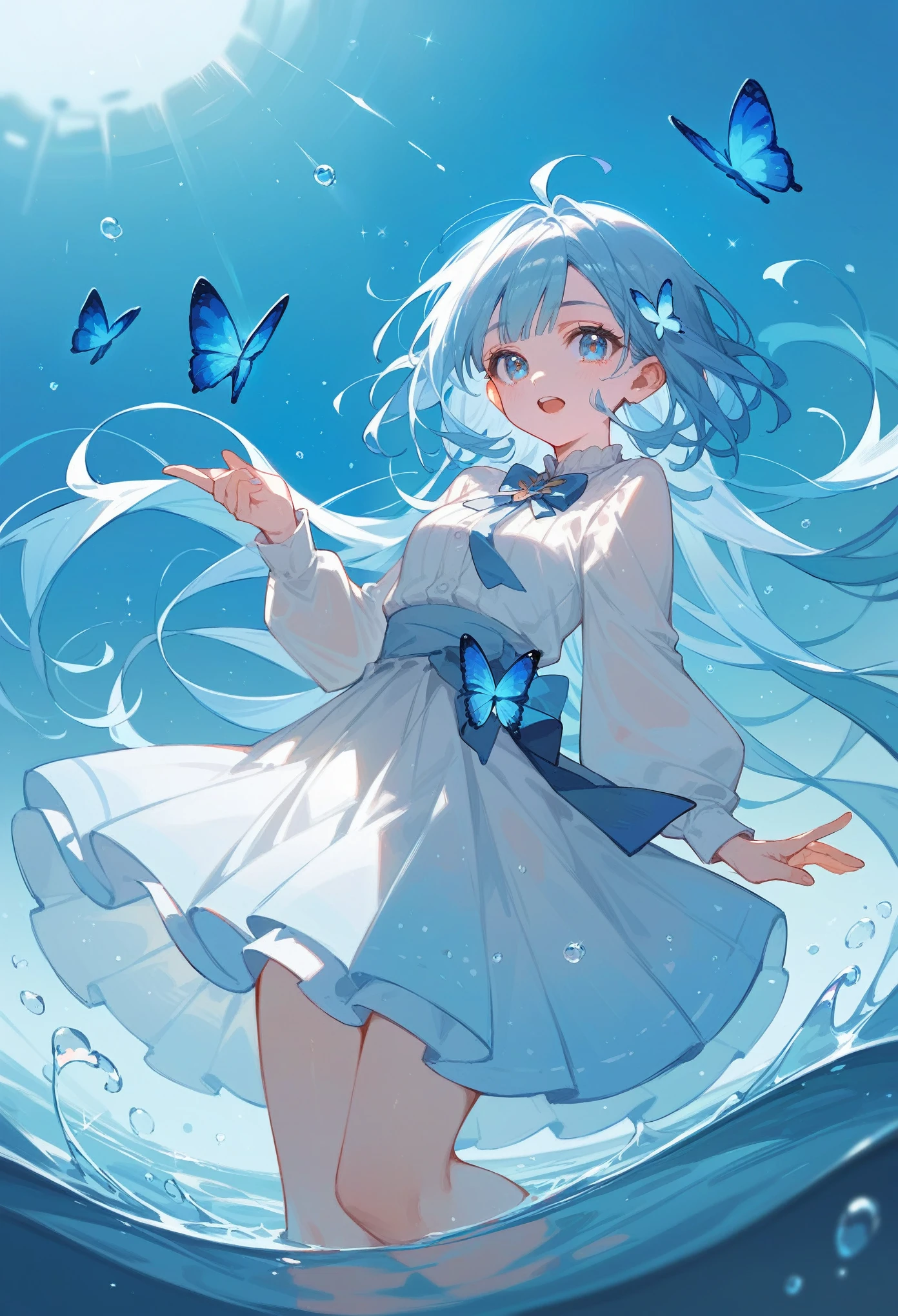 1 girl, Clear water, Blue Butterfly, Pure white gauze skirt, Sparkling