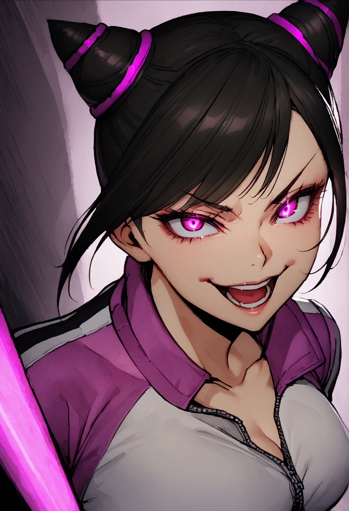 Juri Han,dark eyeshadow,glare eyes,beautiful young fitness woman with , in a gym wearing May with black pantyhose, white and purple fitted gym jacket. standing alone,hair horns,bright purple eyes,Evil smile,legging preto ,lips,dark eyeshadow,glare eyes,close up
