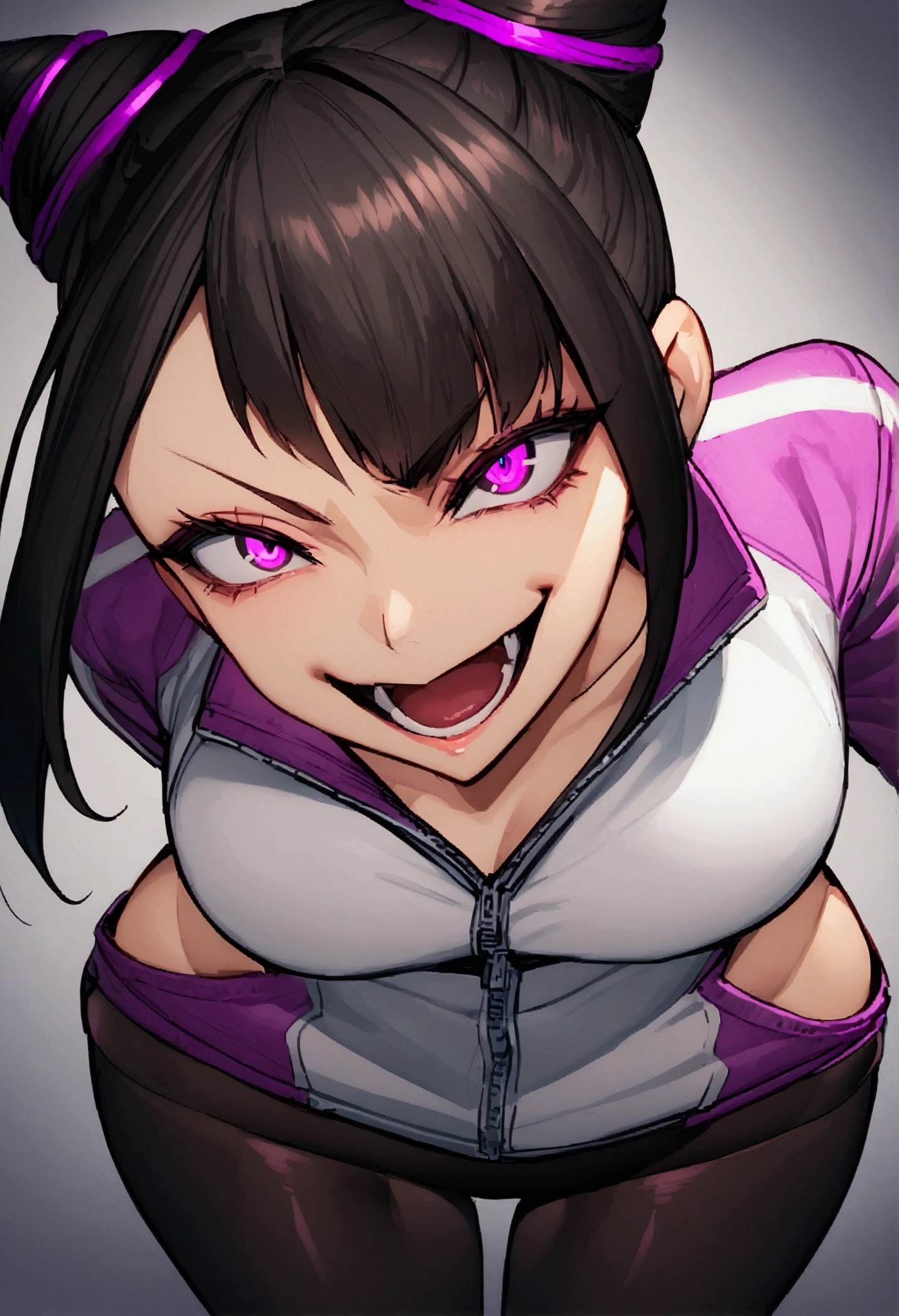dark eye shadow,shining eyes,beautiful young fitness woman with , in a gym wearing May with black pantyhose, tight white and purple gym jacket. standing alone,hair horns,glowing purple eyes,Evil smile,legging preto ,labiaa,dark eye shadow,shining eyes,close up,open mouth with big evil smile,evil laugh,hands on face
