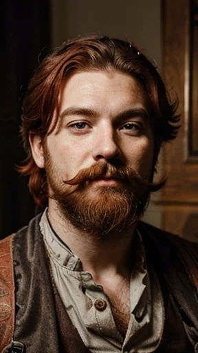 1 man, 45 years old, Red hair, Beard, moustache, dressed as an 18th century pirate, pirate bandana, smiling