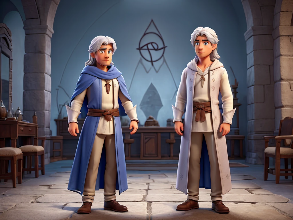 A man with a slightly slouched posture, reflecting his dedication to study, he must have a medium height and a slim body, give him a short, well-groomed beard, and long, silver hair that falls to her shoulders, your eyes should be light blue, almost freezing, shining with wisdom, you saw him with a long deep blue cloak, with silver embroidery in the shape of runes, Under the cloak, he must wear a long white linen tunic and fitted trousers!