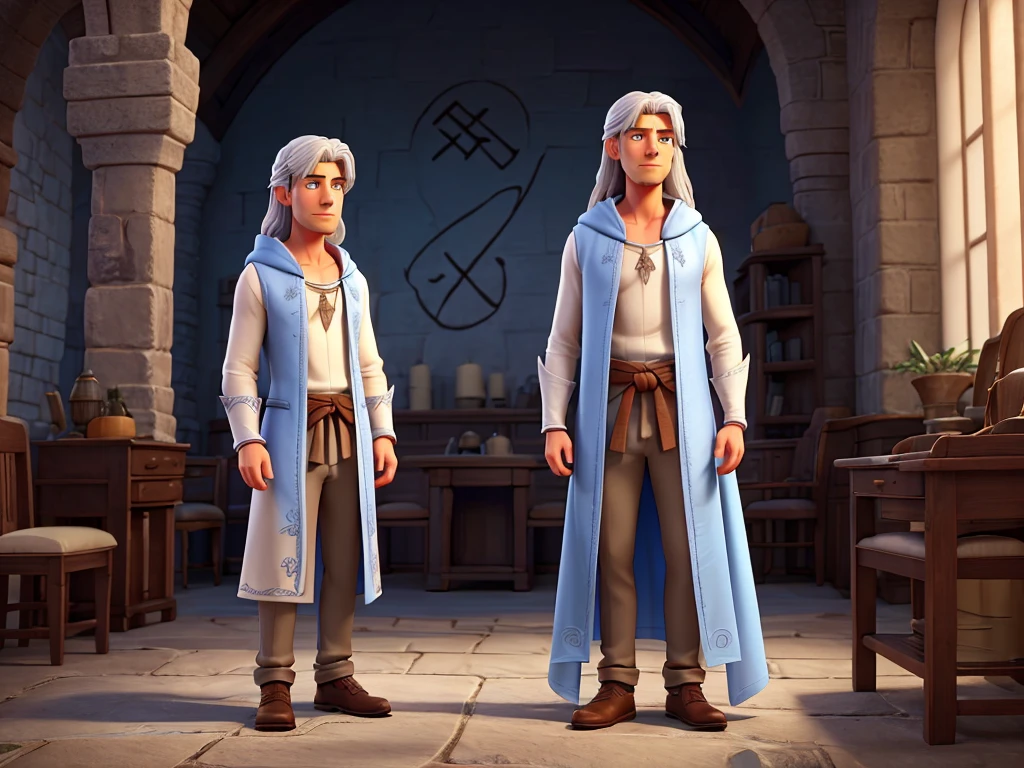 A man with a slightly slouched posture, reflecting his dedication to study, he must have a medium height and a slim body, give him a short, well-groomed beard, and long, silver hair that falls to her shoulders, your eyes should be light blue, almost freezing, shining with wisdom, you saw him with a long deep blue cloak, with silver embroidery in the shape of runes, Under the cloak, he must wear a long white linen tunic and fitted trousers!