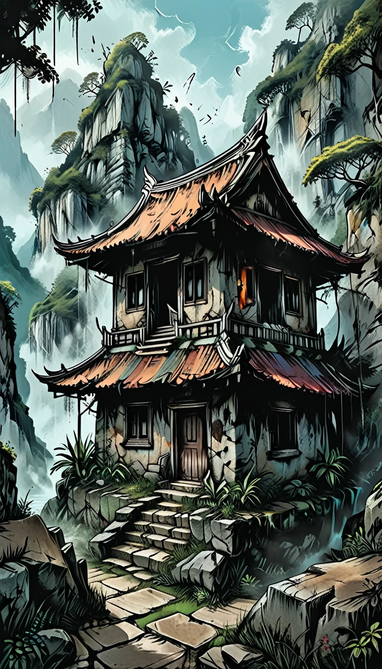square in front of a Buddhist temple, stone walls, broken statue,  dead village,
ruined buddhist temple, temple ruins, graves, rainforest, mountains, cracks, broken walls, dents, graphic style of novel comics, 2d, 8k, hyperrealism, masterpiece, high resolution, best quality, ultra-detailed, super realistic, Hyperrealistic art, high-quality, ultra high res, highest detailed, lot of details, Extremely high-resolution details, incredibly lifelike, colourful, soft cinematic light,